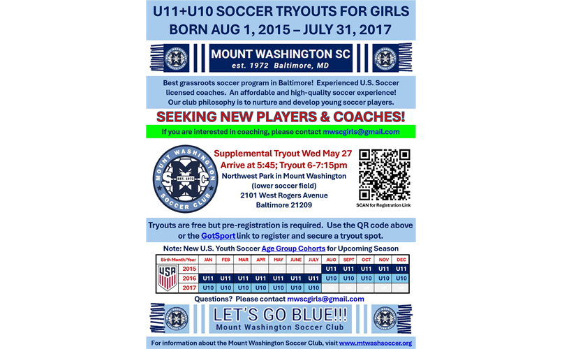 Girls Supplemental U10 + U11 Tryouts = Wed May 27